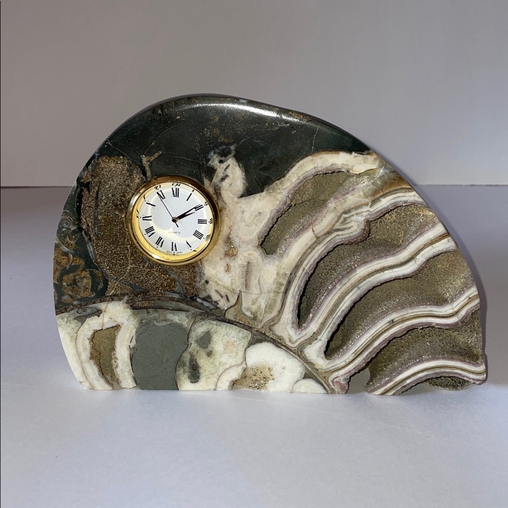 Vintage Ammonite Fossil Elegant Green & Cream Agate Stone Clock